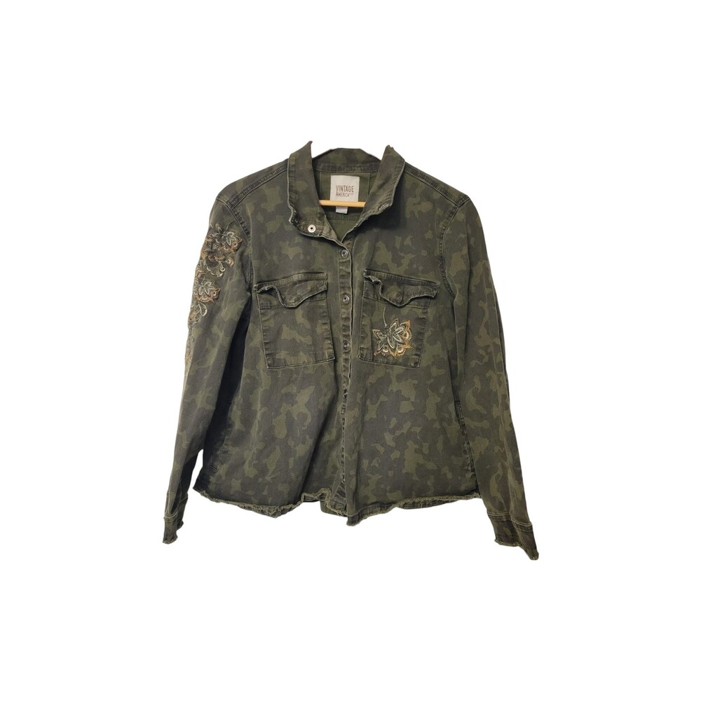 Vintage America Blues Embroidered Camo Jean Jacket Women L Green - Picture 4 of 10